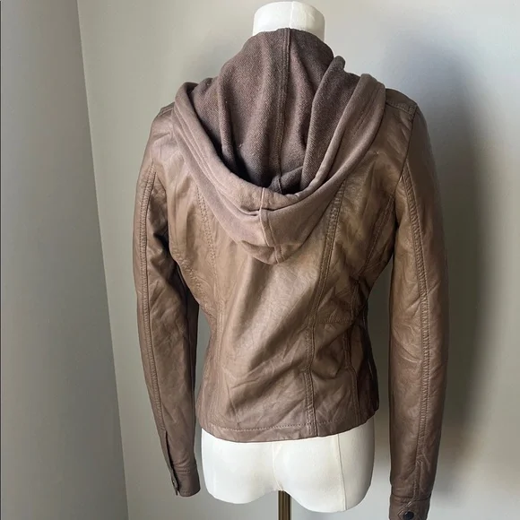 Stylish Tan Vegan Leather Jacket with Hood - Picture 4 of 4